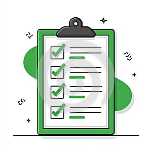 Flat vector illustration of a green clipboard with a completed checklist and green checkmarks.