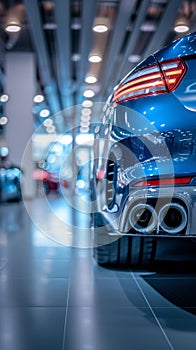 Crisp focus on the tailpipes of a high-end vehicle at an exclusive automotive exhibition.