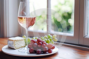 A crisp glass of rose wine sits on a windowsill, accompanied by a plate with a selection of cheese and ripe grapes.