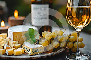 A crisp glass of white wine, various cheeses, and fresh grapes on a plate. AI generated