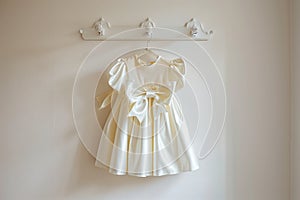 crisp ivory dress with a bow hung on a wallmounted rack