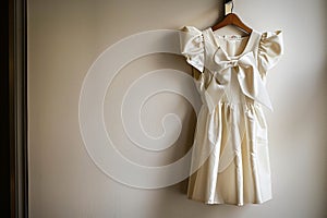 crisp ivory dress with a bow hung on a wallmounted rack