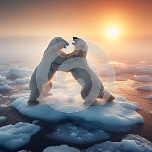 Two polar bears fight on cold ice sheet in morning sun