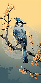 Crisp Neo-pop Illustration: Blue Jay On Branch With Naturalistic Landscape Background