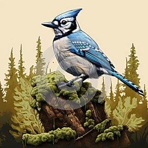 Crisp Neo-pop Illustration: Blue Jay Perched On Moss