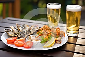 crisp pilsner beside a bbq seafood platter on a patio table