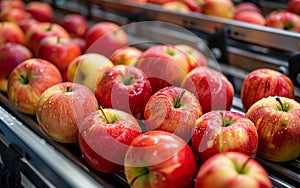 Crisp red apples in focus on a packing line within a processing facility, highlighting the steps from farm to consumer.