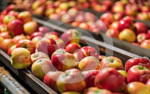 Crisp red apples in focus on a packing line within a processing facility, highlighting the steps from farm to consumer.