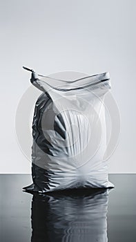 Crisp white plastic zip bag on reflective surface against white background