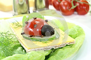 Crispbread with cheese, lettuce and ladybug