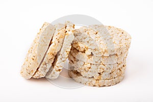 Crispbread.Puffed rice bread isolated on white background.