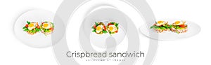 Crispbread sandwich with guacamole, arugula, tomatoes and quail egg isolated on a white background. Bruschetta with