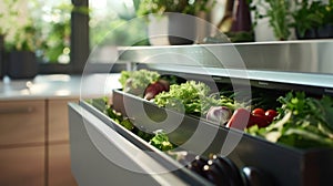 The crisper drawer housing crisp leafy greens and juicy fruits keeping them at the perfect temperature
