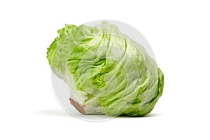 Crisphead lettuce, one whole head of iceberg lettuce, leafy green vegetable isolated on white background