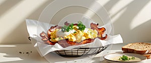 Crispy Bacon Basket with Eggs and Side Dish.