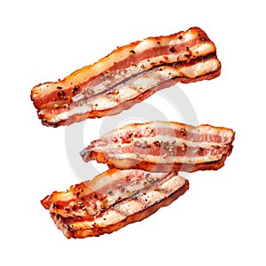 Crispy bacon slices garnished with pepper grains, isolated on white transparent background photo