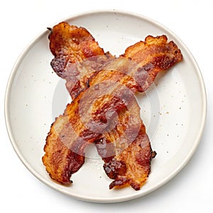 Crispy bacon on a plate isolated on white background