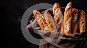 Crispy baguettes in packaging on a dark background, side view with copy space