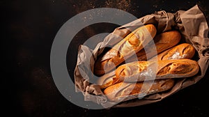 Crispy baguettes in packaging on a dark background, top view