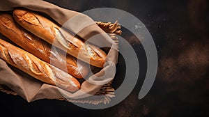 Crispy baguettes in packaging on a dark background, top view