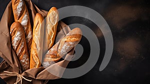 Crispy baguettes in packaging on a dark background, top view