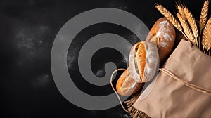 Crispy baguettes in packaging on a dark background, top view with copy space