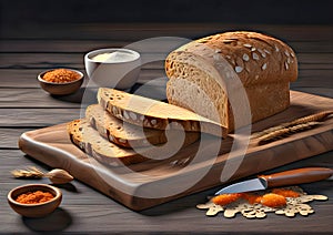 Crispy bread on a dark brown old wooden board. Close-up of bran bread sliced on a wooden board