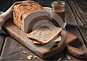 Crispy bread on a dark brown old wooden board. Gray bran bread sliced on a wooden board