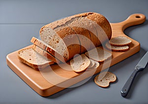 Crispy bread on a light brown wooden board. Close-up of bran bread sliced on a wooden board