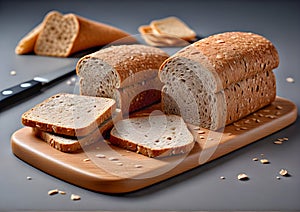 Crispy bread on a light brown wooden board. Close-up of two bran breads sliced on a wooden board