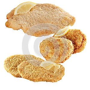 Crispy breaded and fried chicken meat cut out isolated white background with clipping path