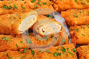 Crispy Chicken cheese breaded roll-ups, close-up