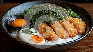 Crispy chicken, rice, and egg bowl