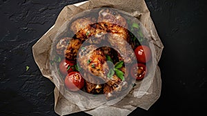 Crispy Chicken Wings with Tomatoes on Dark Background photo