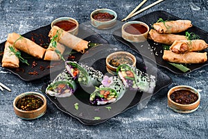 Crispy Chinese Traditional Spring rolls food on set
