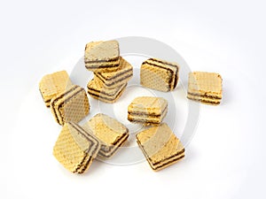 Crispy chocolate wafer flavor, square wafer biscuits on white