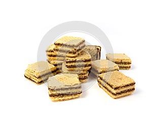 Crispy chocolate wafer flavor, square wafer biscuits on white