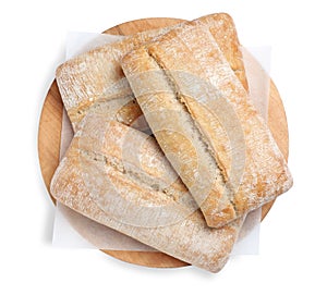 Crispy ciabattas isolated on white, top view. Fresh bread photo