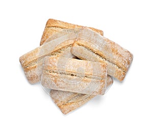 Crispy ciabattas isolated on white, top view. Fresh bread photo