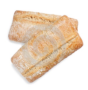 Crispy ciabattas on white background, top view. Fresh bread photo