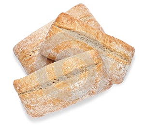 Crispy ciabattas on white background, top view. Fresh bread photo