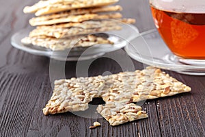 Crispy cookies made from whole wheat flour with flax seed, sunflower seeds and sesame seeds