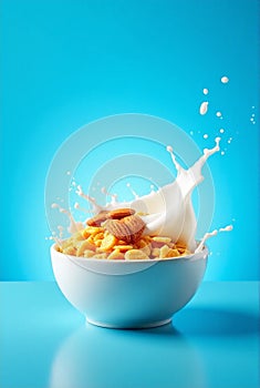 Crispy Corn Flakes Cereal with Milk Splash and Almonds on a Bright Blue Background AI-GENERATED