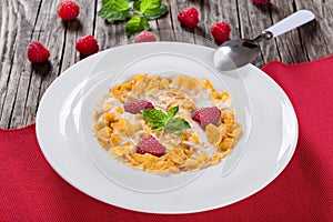 Crispy corn flakes with raspberry and milk, close-up
