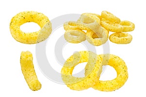 Crispy corn snack in the form of a ring, set. Traditional snack for beer. Isolated on white background