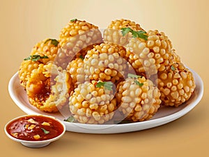 Crispy Deep Fried Sabudana Vada or Sago Patties Served with Spicy Chutney on a Plate Traditional Indian Snack