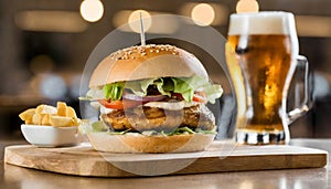 Crispy and delicious burger and glass of beer on wooden board. Tasty fast food and drink. Cafe interior