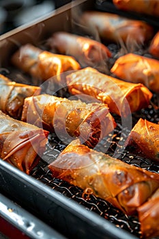 Crispy and delicious deep fried golden vegetable spring rolls cooking in a deep fryer