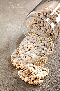 Crispy ecological rice cakes on rustic background. Low fat concept