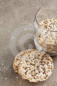 Crispy ecological rice cakes on rustic background. Low fat concept